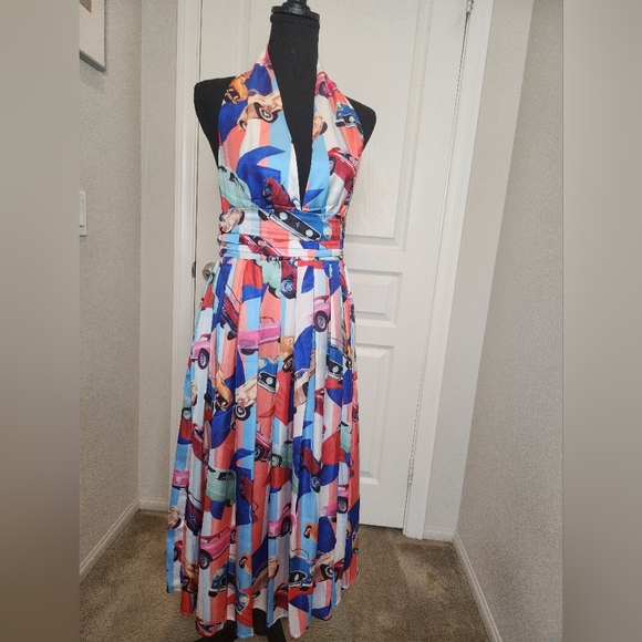 Designer Inspired Summer Dress Medium Pop Red White Blue - Picture 3 of 14